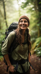 Obraz premium Adventurous Woman Hiking Through A Lush Forest, Background Image, Best Phone Wallpapers