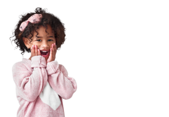 Shock, surprise and portrait of child excited for news while isolated on a transparent png background. Young girl kid with hands on face for wow facial expression, announcement and amazing reaction