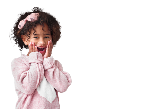 Shock, surprise and portrait of child excited for news while isolated on a transparent png background. Young girl kid with hands on face for wow facial expression, announcement and amazing reaction