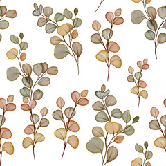 Watercolor Eucalyptus Autumn Seamless Pattern