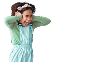 Child, screaming or hands on ears for noise on isolated, transparent and png background. African...