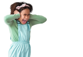 Child, screaming or hands on ears for noise on isolated, transparent and png background. African girl, autism and shouting facial expression with anxiety, adhd or scared by bad news or stress problem