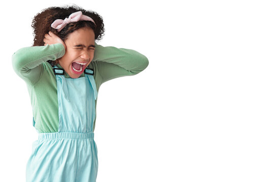 Child, screaming or hands on ears for noise on isolated, transparent and png background. African girl, autism and shouting facial expression with anxiety, adhd or scared by bad news or stress problem