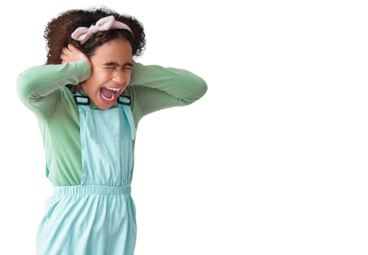 Child, screaming or hands on ears for noise on isolated, transparent and png background. African girl, autism and shouting facial expression with anxiety, adhd or scared by bad news or stress problem