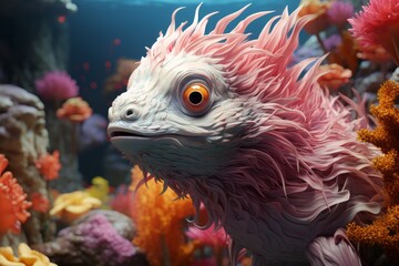  Furry monster exploring a fantastical underwater world filled with colorful coral reefs and aquatic creatures, Generative AI