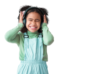 Smile, music headphones and child with eyes closed isolated on a transparent png background. Radio, happy or excited African girl listening to sound, audio or podcast to dance with energy for freedom