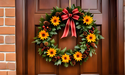 Fototapeta na wymiar Festive Thanksgiving wreath on a front door