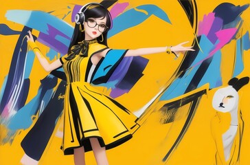 A stylish and fashionable girl wearing a trendy dress, confidently standing on the left side of the frame against a vibrant yellow background.