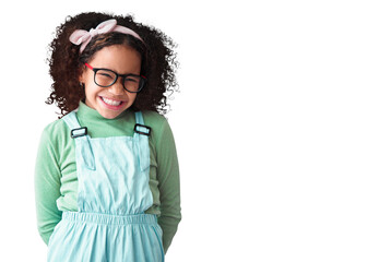 Portrait, smile and girl with glasses, kid and cute outfit isolated against a transparent...
