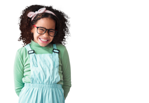 Portrait, smile and girl with glasses, kid and cute outfit isolated against a transparent background. Face, happy female child and African model with happiness, student and clear eyesight with png