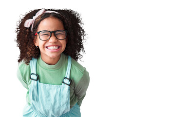 Portrait, girl and kid with glasses or excited in png or isolated and transparent background. Nerd, child and positive with happiness youth or geek or fashion eye care for trend with cool style. - obrazy, fototapety, plakaty