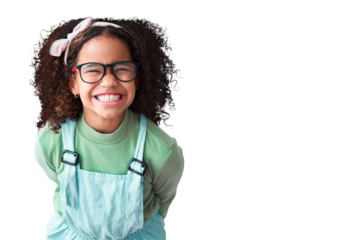 Portrait, girl and kid with glasses or excited in png or isolated and transparent background. Nerd, child and positive with happiness youth or geek or fashion eye care for trend with cool style.