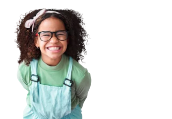 Fotobehang Portrait, girl and kid with glasses or excited in png or isolated and transparent background. Nerd, child and positive with happiness youth or geek or fashion eye care for trend with cool style. © Sumeet/peopleimages.com