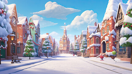 christmas street animated christmas houses. christmas town with a christmas tree