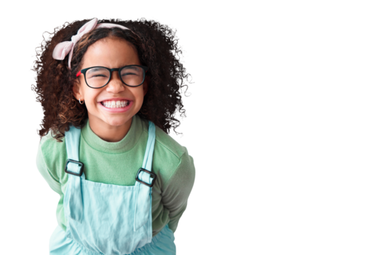 Portrait, girl and kid with glasses or excited in png or isolated and transparent background. Nerd, child and positive with happiness youth or geek or fashion eye care for trend with cool style.