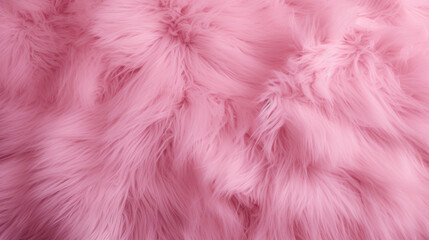 A backdrop of soft pink plush fur complements a coral fluffy fabric coat, creating a textured and cozy winter fashion concept with pastel pink shaggy fur and wool texture