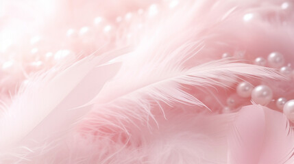 Soft-hued feathers with white pearls set against a pastel pink background.