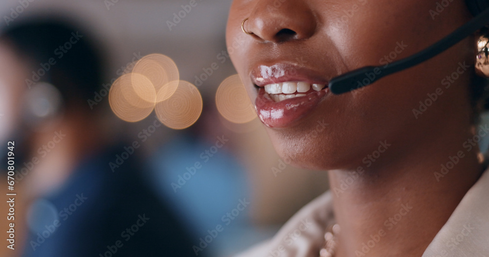Poster call center, closeup and mouth of woman consulting in office for contact us, crm or faq with bokeh. 