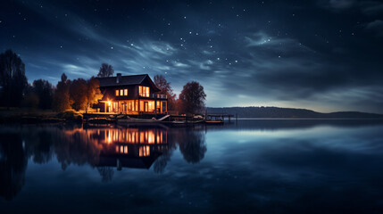 大きな湖の湖畔に一軒ある灯りが灯った家 - obrazy, fototapety, plakaty