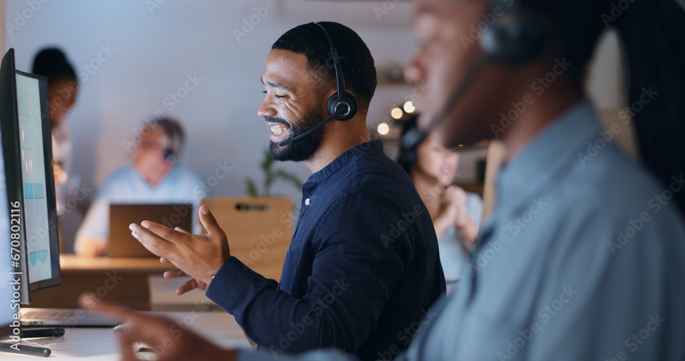 Poster Business man, call center and computer for night customer service, e commerce support and happy helping in office. Professional consultant or agent for website solution, questions or FAQ in workspace