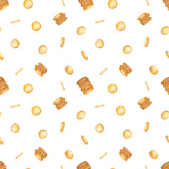 Watercolor seamless pattern with money, gold coins, falling money for prints and textures on a white background - obrazy, fototapety, plakaty