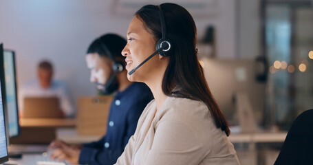 Business woman, call center and night communication, customer service or e commerce support on...