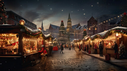 christmas street market in the evening. charming christmas market