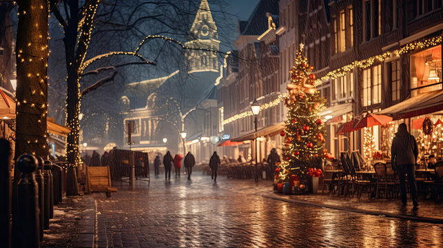 Fototapeta christmas street market in the evening. charming christmas market
