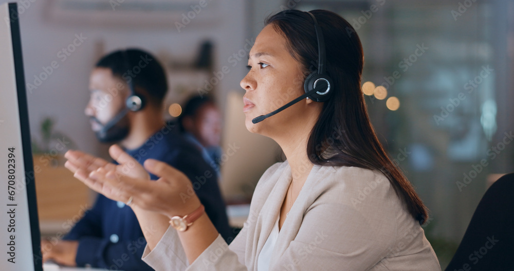Poster business woman, call center and computer for night customer service, e commerce support and help in 