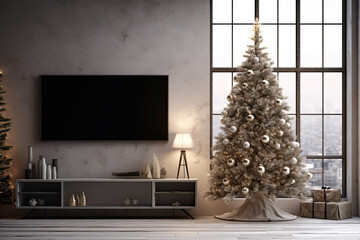 luxury grey living room with an christmas tree and furniture