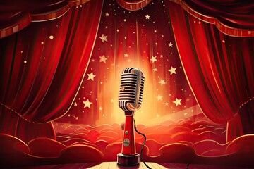 Vintage Microphone Illustration Serenades the Stage Amidst a Red Curtain Setting