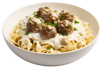 Homemade creamy pasta with meatballs, served in plate. Vertical image, isolated on white background  - obrazy, fototapety, plakaty