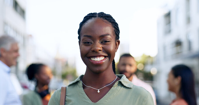 Portrait, Outdoor And Black Woman With Business, Smile And Career With Agency, Company And Startup. Face, African Person And Employee In A City, Team And Blurry Background With Consultant And Agent