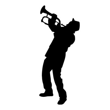 recommend clip art: Silhouette of a male musician playing trumpet musical instrument. 