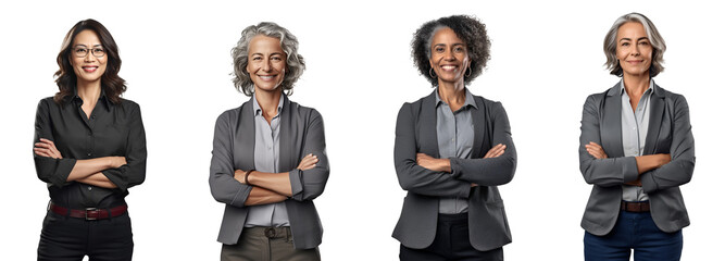 Set of Portrait of a middle aged business woman happy smiling and standing posing arms crossed, isolated on white background, png - obrazy, fototapety, plakaty