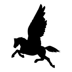 Sillhouette of a mythical horse animal with wings. Silhouette of pegasus greek mythical flying horse creature.