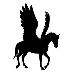 Sillhouette of a mythical horse animal with wings. Silhouette of pegasus greek mythical flying horse creature.