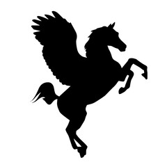 Sillhouette of a mythical horse animal with wings. Silhouette of pegasus greek mythical flying horse creature.