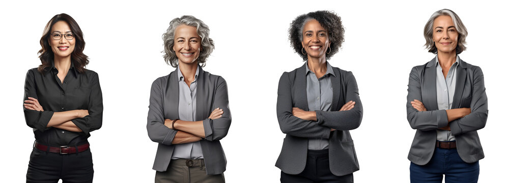 Set of Portrait of a middle aged business woman happy smiling and standing posing arms crossed, isolated on white background, png