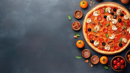 Obraz na płótnie Canvas Captivating Top View of Irresistible Pizza Fast Food, Guaranteed to Tantalize Your Taste Buds