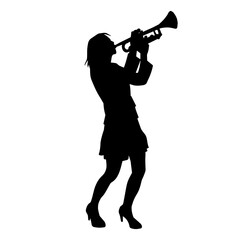 Silhouette of a woman musician playing trumpet brass musical instrument. © anom_t