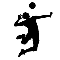 Silhouette of a male volley athlete in action pose. Silhouette of a man playing volley ball sport. - obrazy, fototapety, plakaty