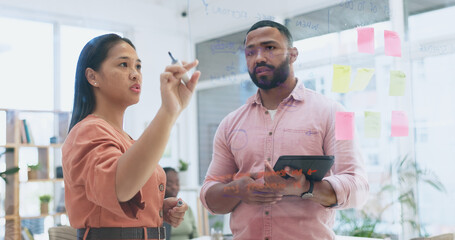Thinking, planning and business people on tablet in office meeting for solution, problem solving or...