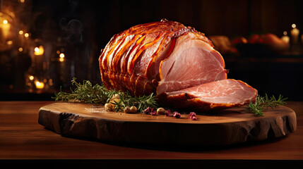 sliced ham on a wooden board. christmas food