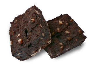 Pieces of fresh delicious chocolate and almond nut brownies, cut out isolated on white