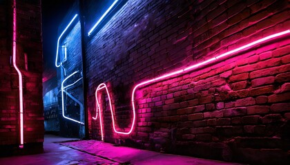 background with graffiti,  Neon lighting creates an electrifying atmosphere on the bare brick wall, night cityscape, neon street art