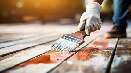 Coating with colored protective paint on the wooden surface of the lining boards. Hand with a brush paints a bright turquoise surface outdoors in Sunny weather. - obrazy, fototapety, plakaty