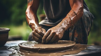 hands of a potter, creating an earthen jar on the circle - obrazy, fototapety, plakaty