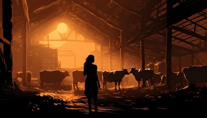 silhouette illustration of a young woman working on the farm