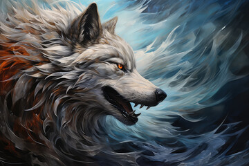 A commanding wolf's head occupies the left portion of the composition, its penetrating gaze firmly fixed to the right - a mesmerizing portrayal of nature's unyielding might.